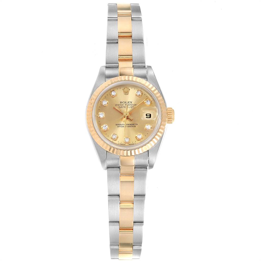 The Rolex Datejust 79173 Women's Stainless Steel Champagne Dial 79173 Women's Stainless Steel Champagne Dial watch is shown from a top-down angle, displaying the face, bezel, crown, and bracelet.