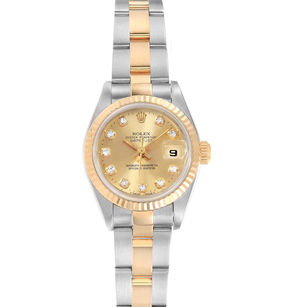This image shows a Rolex Datejust 79173 Women's Stainless Steel Champagne Dial 79173 Women's Stainless Steel Champagne Dial watch from a top-down angle, highlighting the face, bezel, and two-tone bracelet.