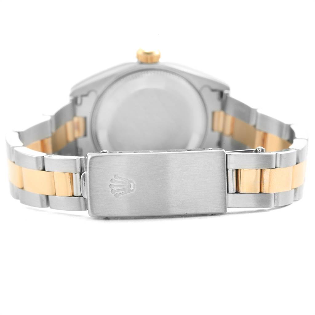 This image shows the back of a Rolex Datejust 79173 Women's Stainless Steel Champagne Dial 79173 Women's Stainless Steel Champagne Dial watch, focusing on its clasp and steel and gold bracelet.