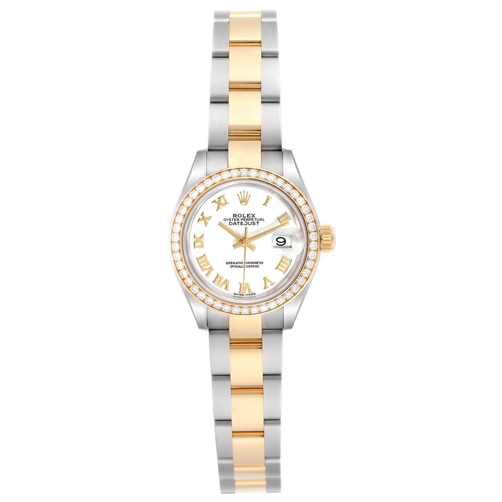 The image shows a Rolex Datejust 279383 Women's Steel and Gold (two tone) White Dial 279383 Women's Steel and Gold (two tone) White Dial watch from a frontal view, showcasing its two-tone bracelet, diamond bezel, and date window.