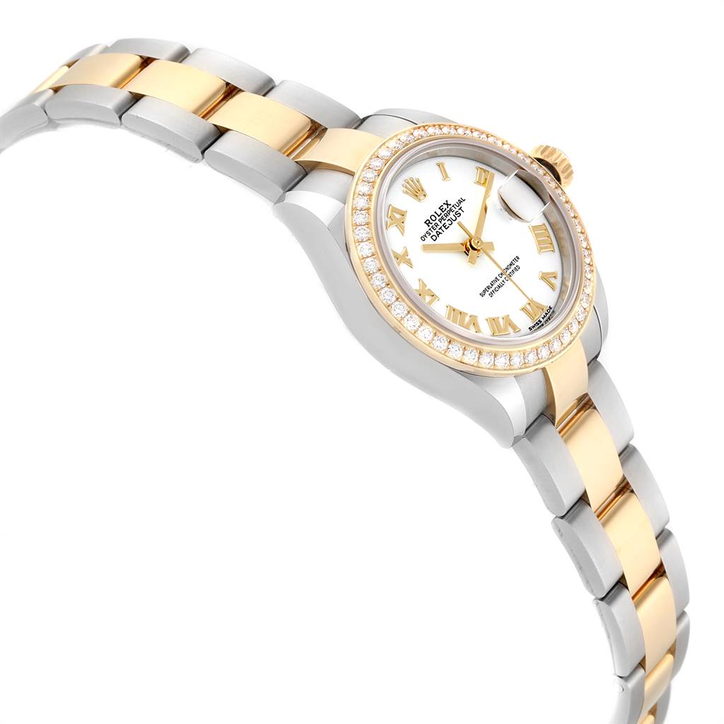The image shows a Rolex Datejust 279383 Women's Steel and Gold (two tone) White Dial 279383 Women's Steel and Gold (two tone) White Dial watch at a side angle, highlighting the two-tone bracelet and the diamond-studded bezel and dial.