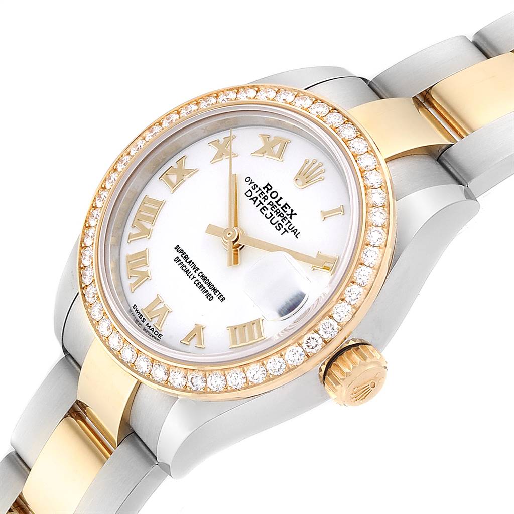 The image shows a close-up view of the Rolex Datejust 279383 Women's Steel and Gold (two tone) White Dial 279383 Women's Steel and Gold (two tone) White Dial watch focusing on the dial, bezel, and part of the bracelet.