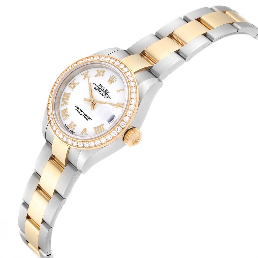 The image shows a Rolex Datejust 279383 Women's Steel and Gold (two tone) White Dial 279383 Women's Steel and Gold (two tone) White Dial watch at a three-quarter angle, highlighting the dial, bezel, crown, and band.