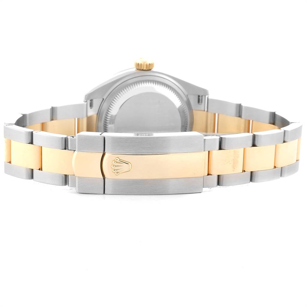 This image shows the back view and bracelet clasp of a Rolex Datejust 279383 Women's Steel and Gold (two tone) White Dial 279383 Women's Steel and Gold (two tone) White Dial watch, highlighting its two-tone metal design.