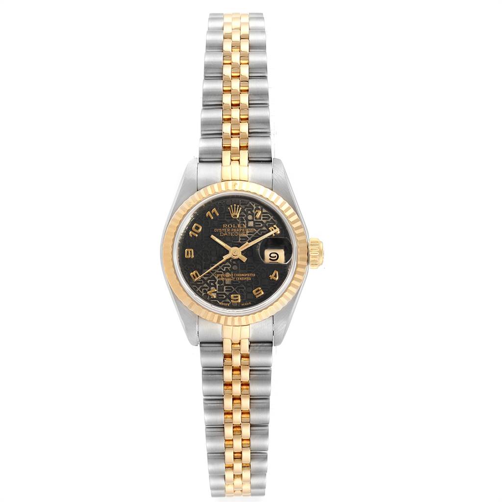 The image shows a Rolex Datejust 69173 Women's Stainless Steel Black Dial 69173 Women's Stainless Steel Black Dial watch viewed from the front, displaying the dial, bezel, and bracelet.