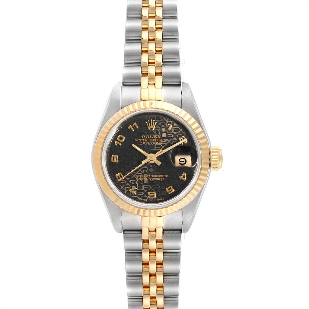 The image shows a front view of a Rolex Datejust 69173 Women's Stainless Steel Black Dial 69173 Women's Stainless Steel Black Dial watch, featuring a two-tone bracelet, fluted bezel, and black dial with Arabic numerals.