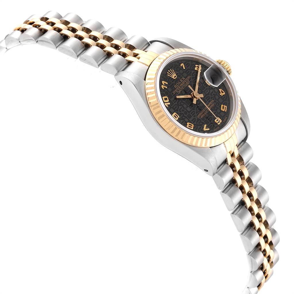 The image shows a side view of a Rolex Datejust 69173 Women's Stainless Steel Black Dial 69173 Women's Stainless Steel Black Dial watch, highlighting its bezel, dial, crown, and two-tone bracelet.