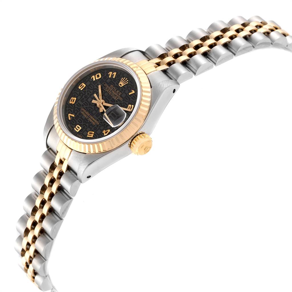 This Rolex Datejust 69173 Women's Stainless Steel Black Dial 69173 Women's Stainless Steel Black Dial watch is shown at an angle highlighting its face, bezel, crown, and two-tone bracelet.