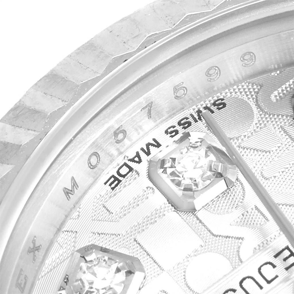 This close-up image shows the bezel, part of the dial, and diamond hour markers of a Rolex Datejust 179174 Women's Stainless Steel Silver Dial 179174 Women's Stainless Steel Silver Dial watch.