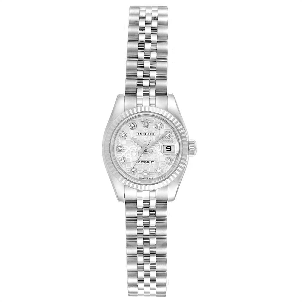 The image shows a front view of a Rolex Datejust 179174 Women's Stainless Steel Silver Dial 179174 Women's Stainless Steel Silver Dial watch, displaying the dial, bezel, and full bracelet.