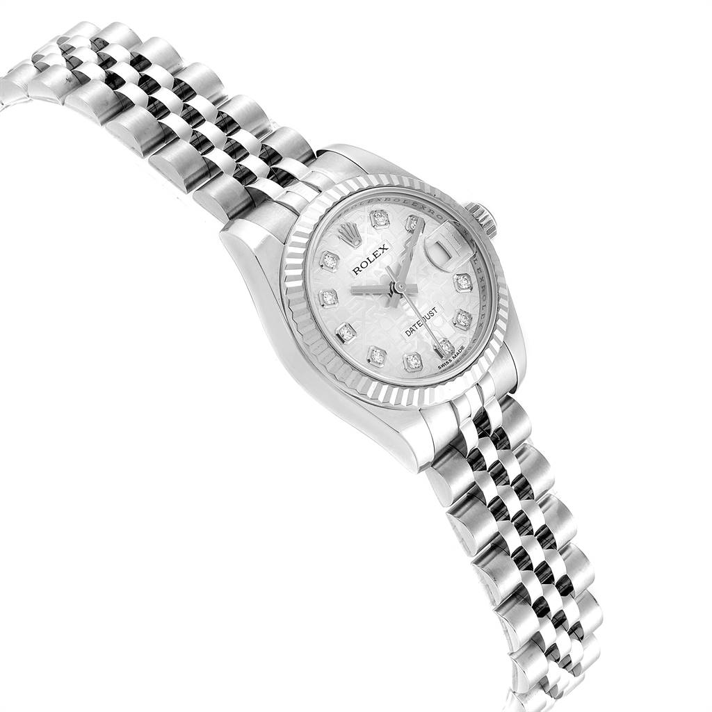 The Rolex Datejust 179174 Women's Stainless Steel Silver Dial 179174 Women's Stainless Steel Silver Dial watch is shown at an angled close-up, highlighting its dial, bezel, and stainless steel bracelet.