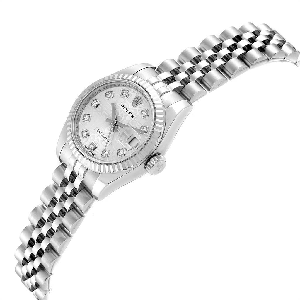 The Rolex Datejust 179174 Women's Stainless Steel Silver Dial 179174 Women's Stainless Steel Silver Dial watch is shown at an oblique angle, displaying the face, bezel, crown, and part of the bracelet.