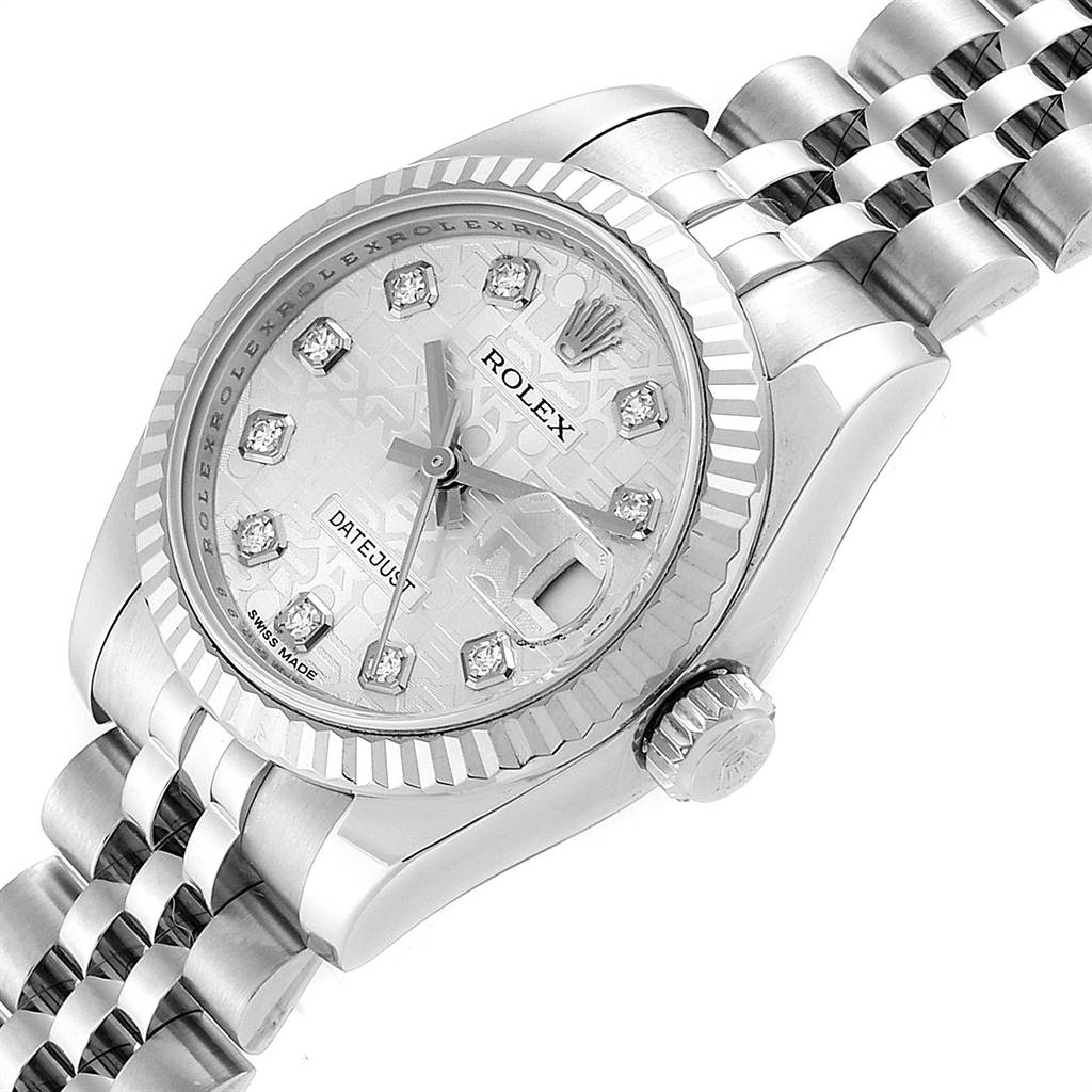 The image shows a Rolex Datejust 179174 Women's Stainless Steel Silver Dial 179174 Women's Stainless Steel Silver Dial watch at an angled close-up view, focusing on the dial, bezel, and bracelet.