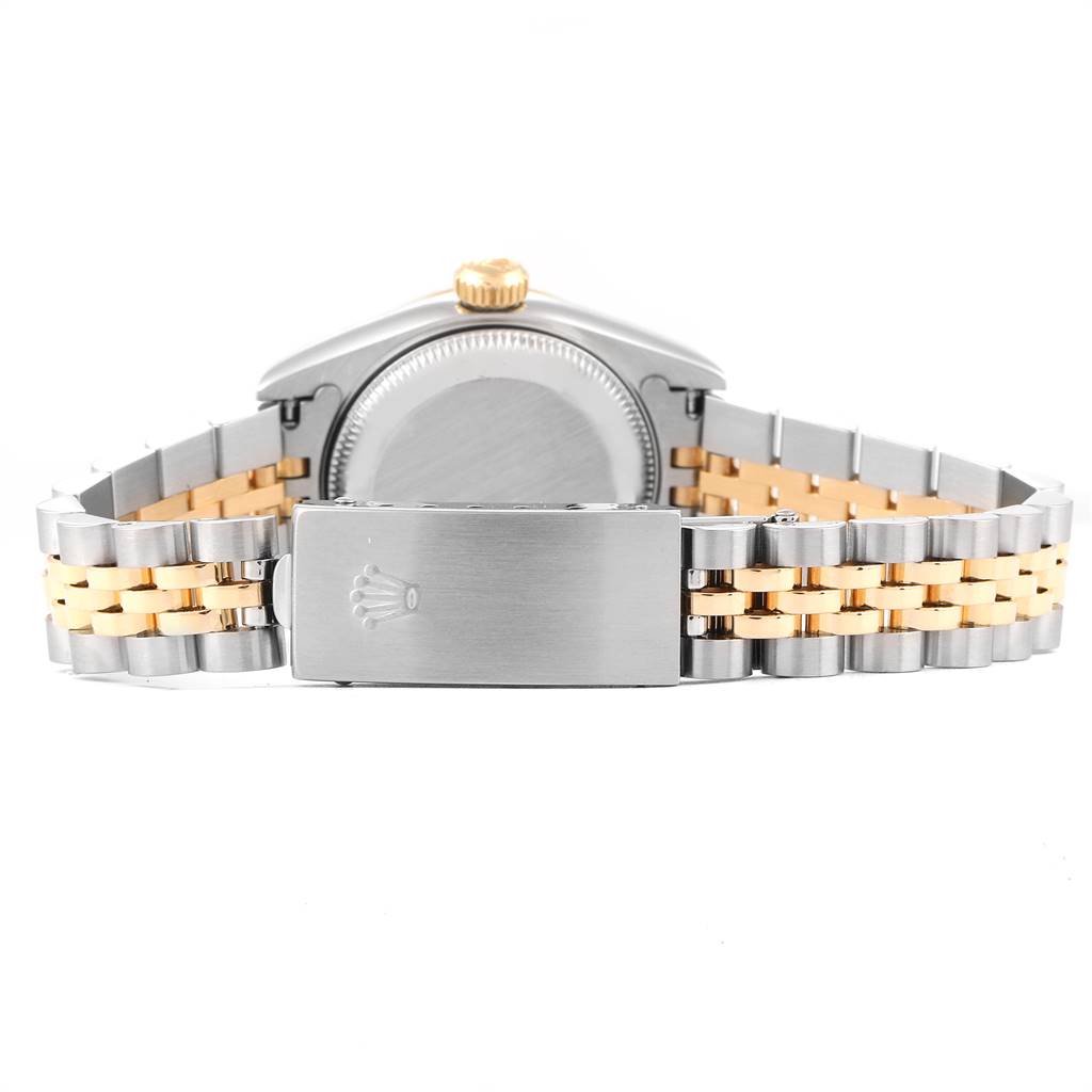 The image shows the back of a Rolex Datejust 69173 Women's Stainless Steel Mother of Pearl Dial 69173 Women's Stainless Steel Mother of Pearl Dial watch with its clasp and bracelet.