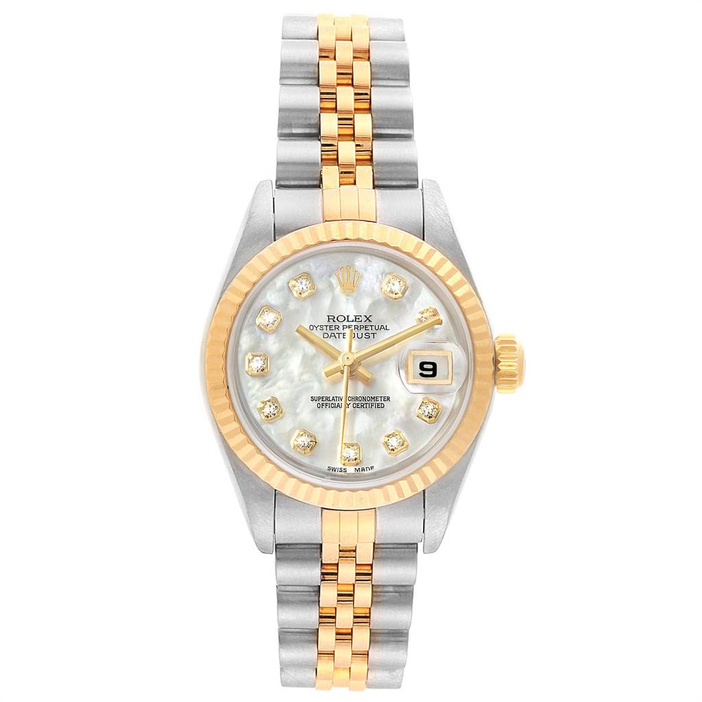 This Rolex Datejust 69173 Women's Stainless Steel Mother of Pearl Dial 69173 Women's Stainless Steel Mother of Pearl Dial watch is shown from the front, featuring its dial, bezel, crown, and jubilee bracelet.