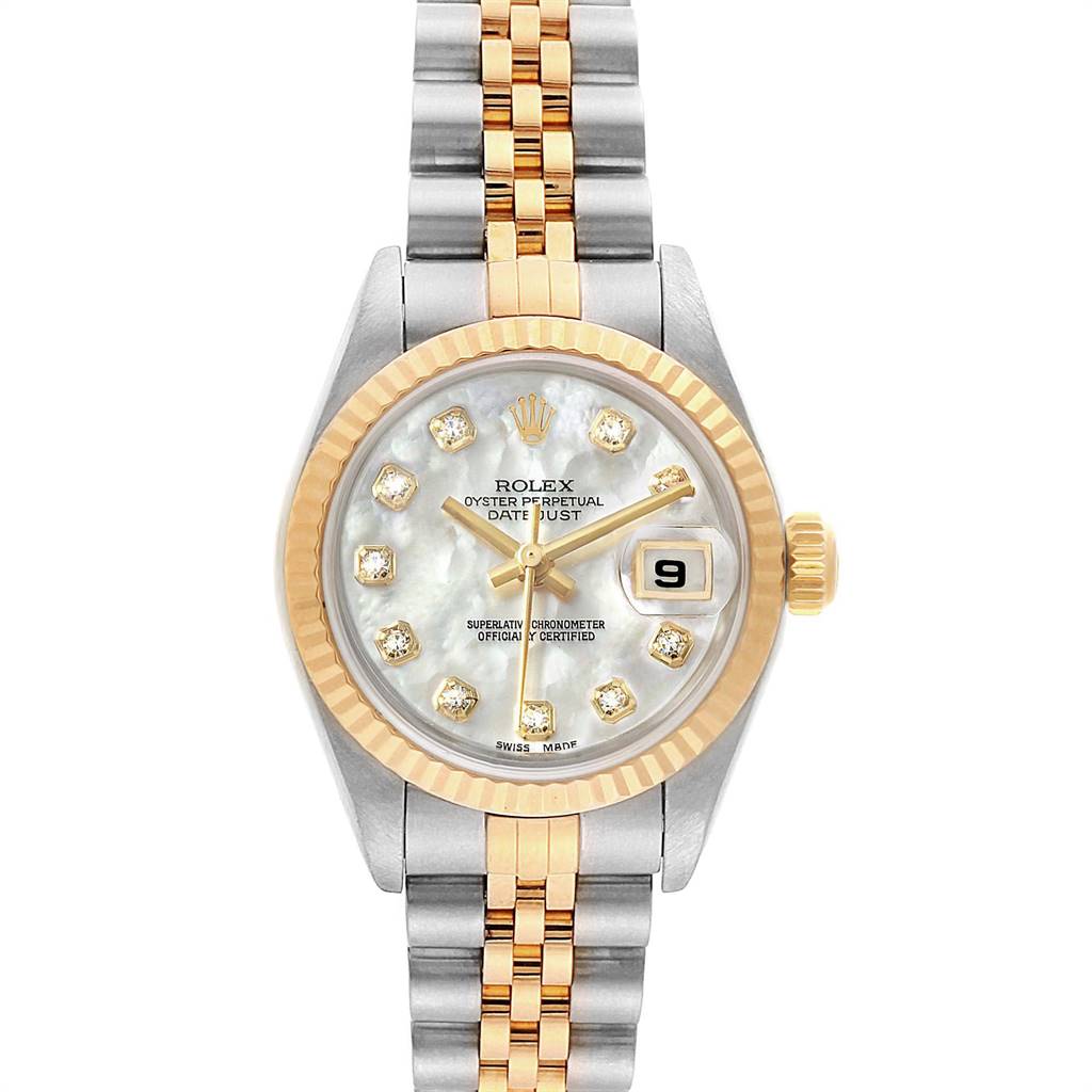 The image shows a front view of a Rolex Datejust 69173 Women's Stainless Steel Mother of Pearl Dial 69173 Women's Stainless Steel Mother of Pearl Dial watch, displaying its dial, bezel, and bracelet.