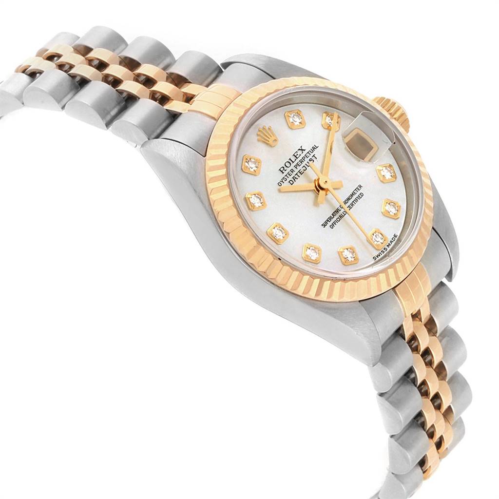 This image shows a Rolex Datejust 69173 Women's Stainless Steel Mother of Pearl Dial 69173 Women's Stainless Steel Mother of Pearl Dial watch at an angle, highlighting its fluted bezel, two-tone bracelet, and diamond hour markers.