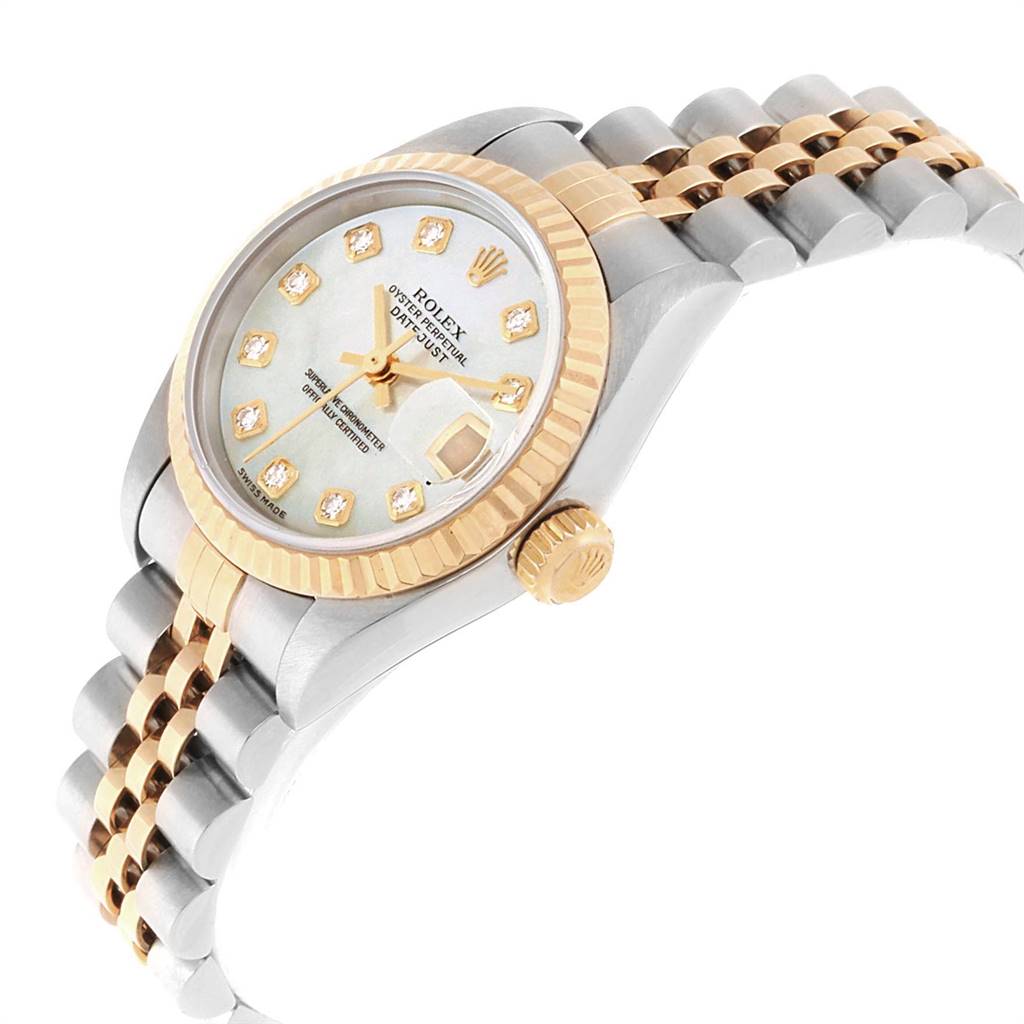 The image shows a Rolex Datejust 69173 Women's Stainless Steel Mother of Pearl Dial 69173 Women's Stainless Steel Mother of Pearl Dial watch angled to display the face, crown, and part of the two-tone bracelet.