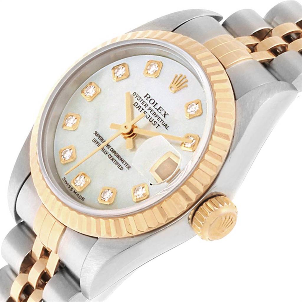 This image shows a close-up angle of the Rolex Datejust 69173 Women's Stainless Steel Mother of Pearl Dial 69173 Women's Stainless Steel Mother of Pearl Dial watch, highlighting the dial, bezel, crown, and part of the bracelet.
