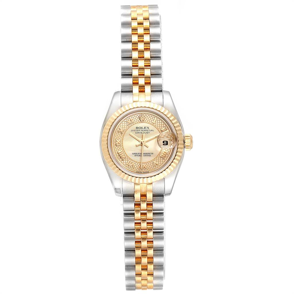 This Rolex Datejust 179173 Women
s Steel and Gold (two tone) Mother of Pearl Dial 179173 Women
s Steel and Gold (two tone) Mother of Pearl Dial watch is shown from a top-down angle, highlighting its face, bezel, and two-tone bracelet.