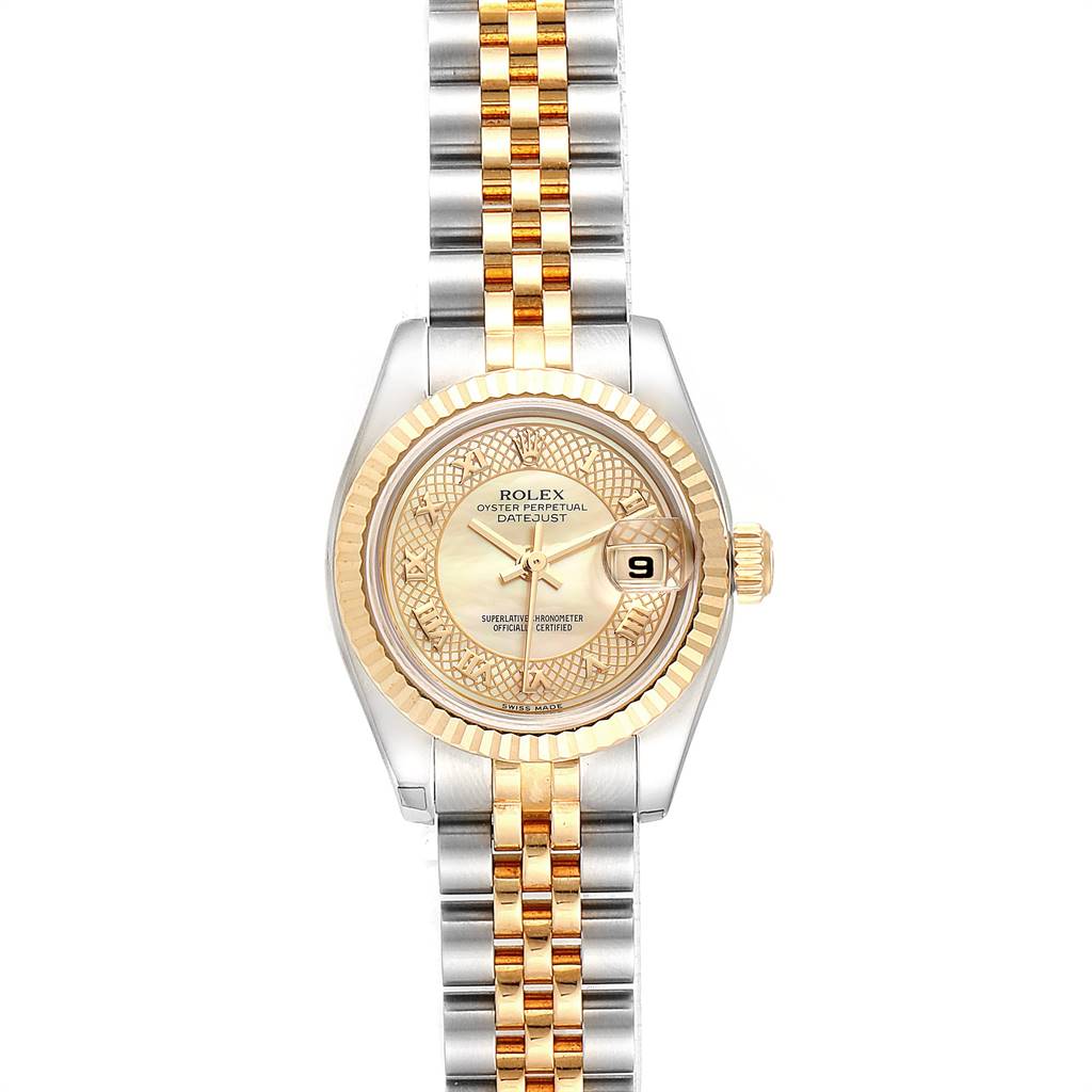 The image shows a frontal view of a Rolex Datejust 179173 Women
s Steel and Gold (two tone) Mother of Pearl Dial 179173 Women
s Steel and Gold (two tone) Mother of Pearl Dial watch, highlighting the dial, bezel, and bracelet.