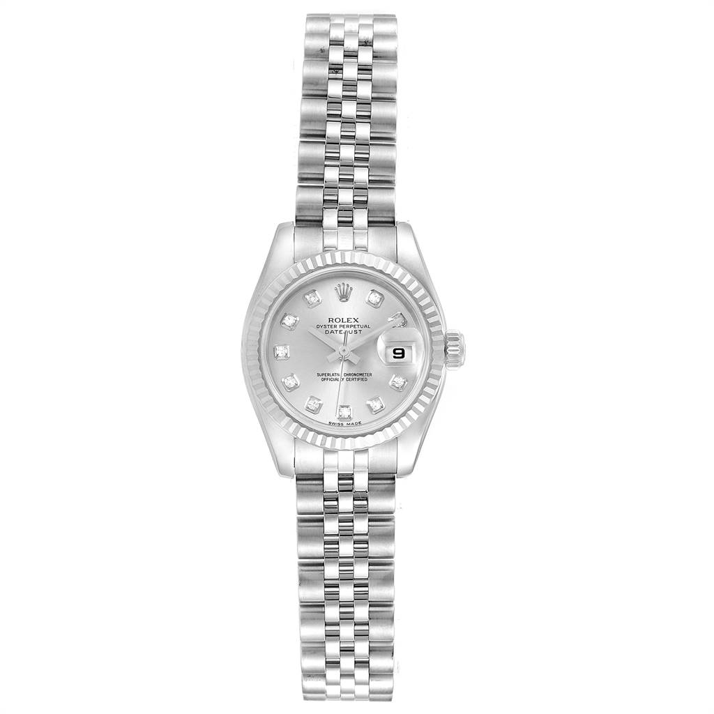 This image shows a frontal view of a Rolex Datejust 179174 Women
s Stainless Steel Silver Dial 179174 Women
s Stainless Steel Silver Dial watch, including its face, bezel, and bracelet.