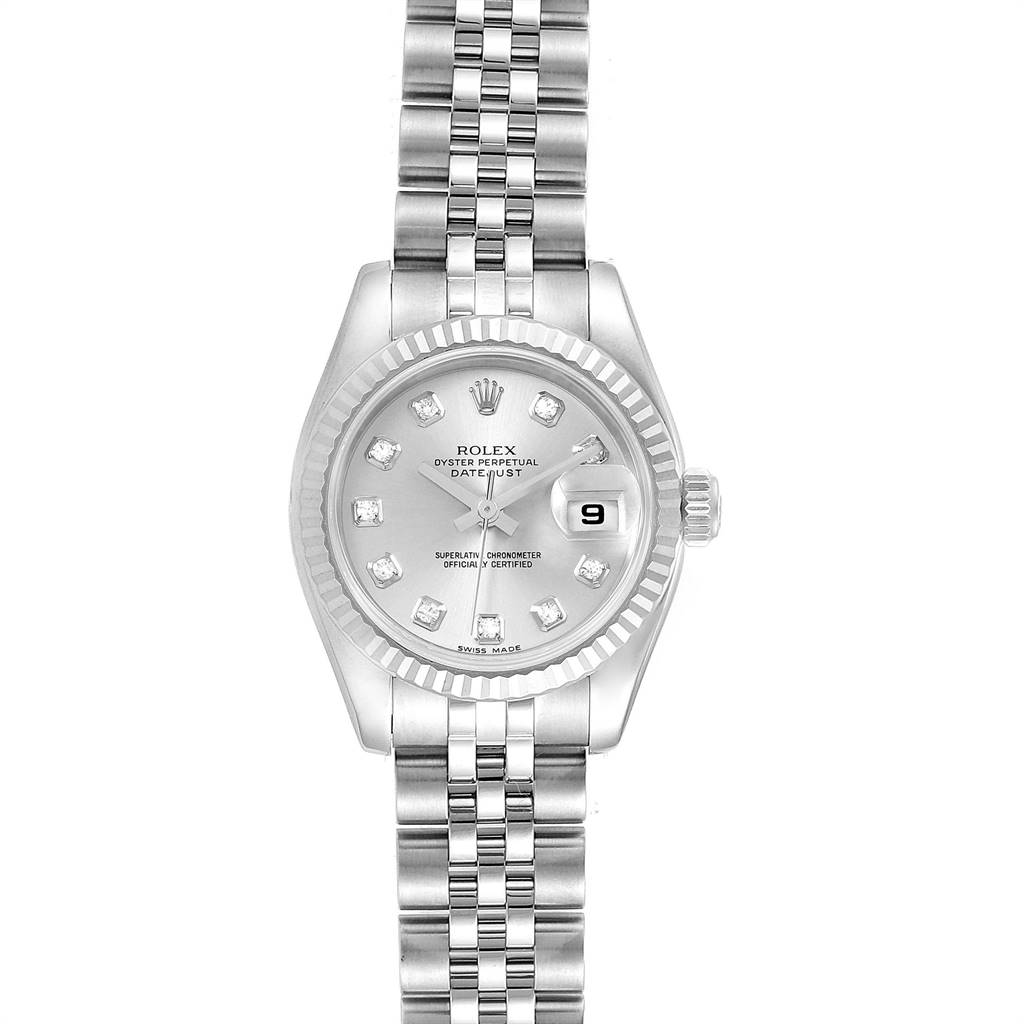 The image shows a front view of a Rolex Datejust 179174 Women
s Stainless Steel Silver Dial 179174 Women
s Stainless Steel Silver Dial watch, highlighting its dial, bezel, and bracelet.