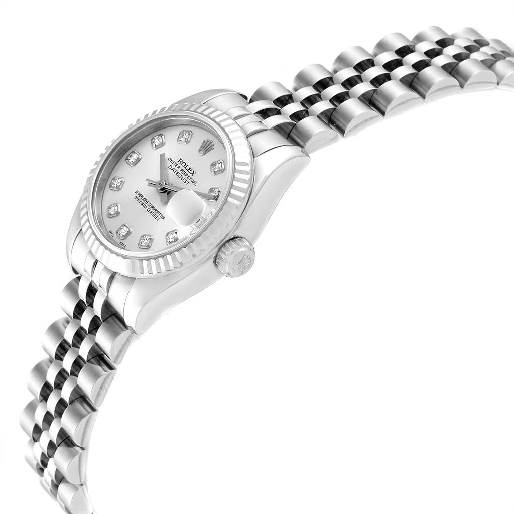The image shows a Rolex Datejust 179174 Women
s Stainless Steel Silver Dial 179174 Women
s Stainless Steel Silver Dial watch at a slight side angle, highlighting its face, bezel, crown, and jubilee bracelet.