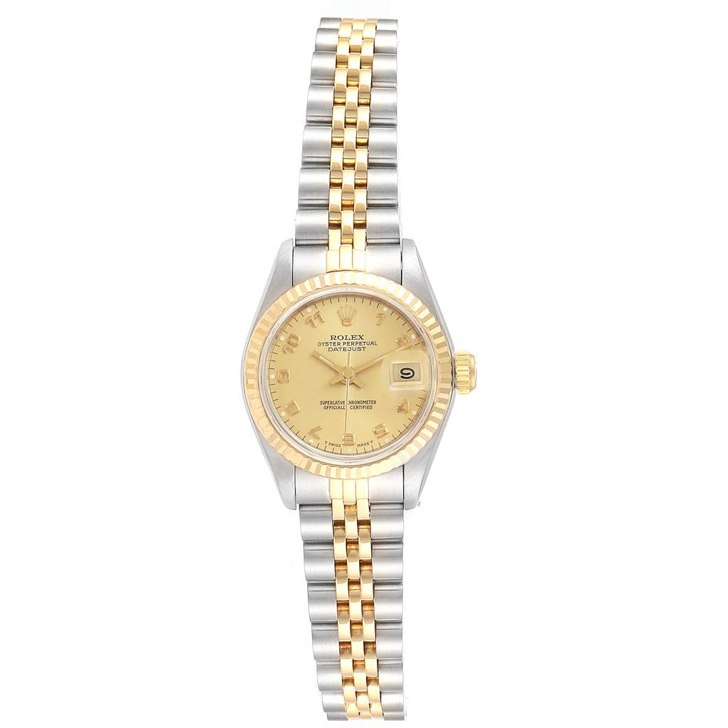 The image shows a frontal view of a Rolex Datejust 69173 Women's Stainless Steel Champagne Dial 69173 Women's Stainless Steel Champagne Dial watch, highlighting its dial, bezel, case, and two-tone bracelet.