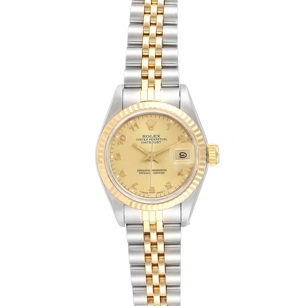 The image shows a front view of a Rolex Datejust 69173 Women's Stainless Steel Champagne Dial 69173 Women's Stainless Steel Champagne Dial watch, highlighting its dial, bezel, and bracelet.