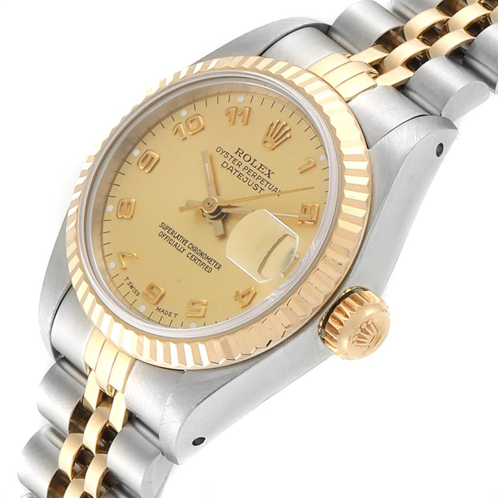 The image shows a Rolex Datejust 69173 Women's Stainless Steel Champagne Dial 69173 Women's Stainless Steel Champagne Dial watch from an angled top view, highlighting the dial, crown, bezel, and part of the bracelet.