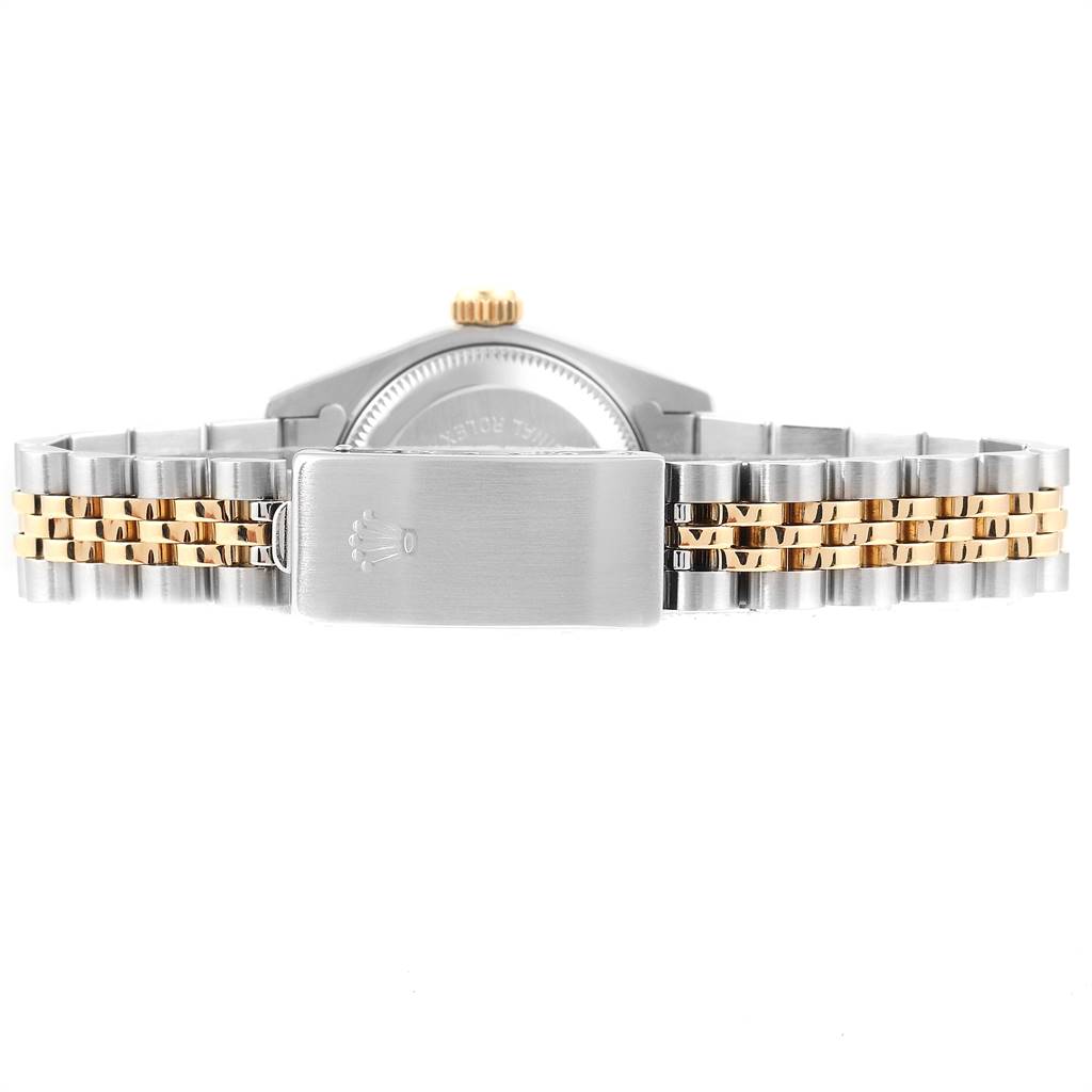 The image shows the back and clasp of a Rolex Datejust 69173 Women's Stainless Steel Champagne Dial 69173 Women's Stainless Steel Champagne Dial watch, highlighting the Jubilee bracelet in stainless steel and gold.
