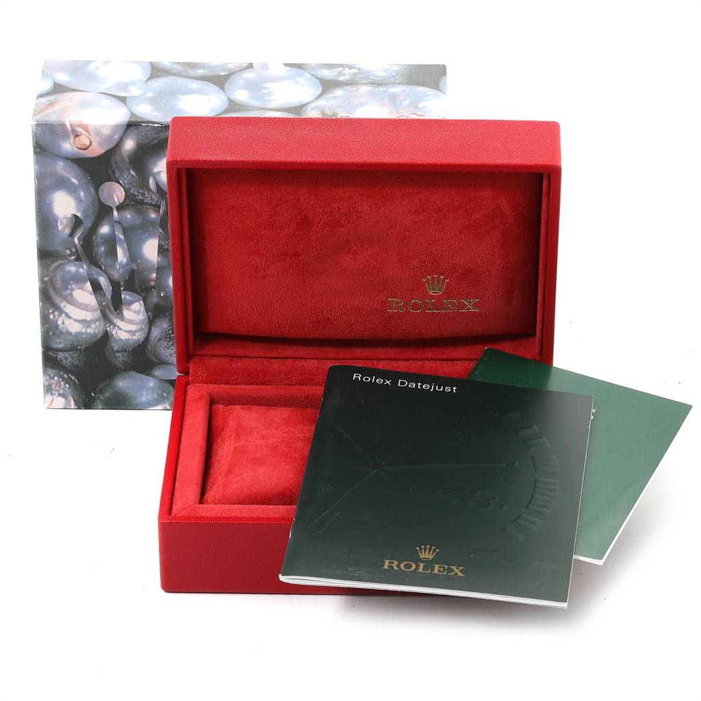 The image shows the packaging box, manuals, and warranty card holder for the Rolex Datejust 69173 Women's Stainless Steel Champagne Dial 69173 Women's Stainless Steel Champagne Dial model watch, viewed from the front.
