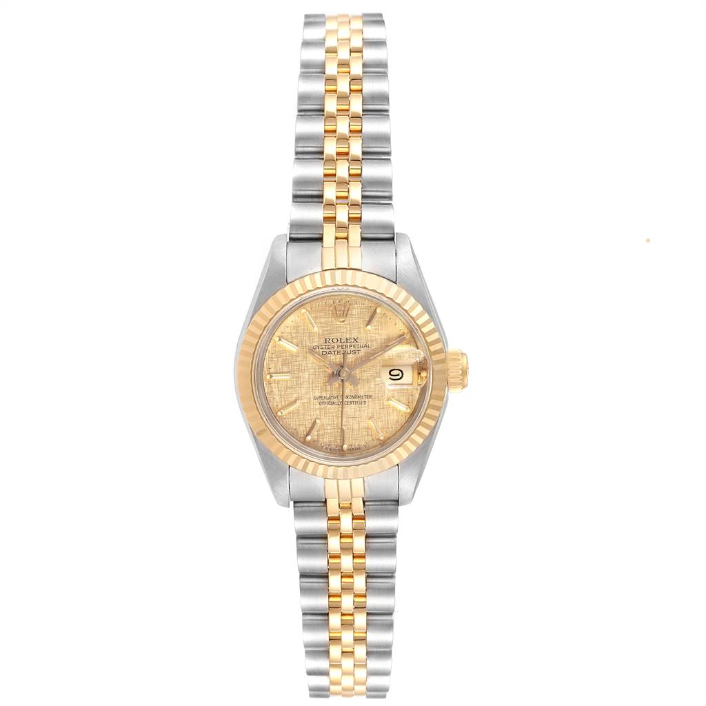 This image shows a full front view of a Rolex Datejust 69173 Women's Stainless Steel Champagne Dial 69173 Women's Stainless Steel Champagne Dial watch with a two-tone metal band and a gold bezel.
