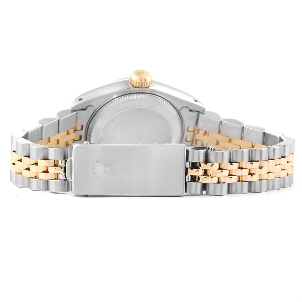 This image shows the back case and bracelet of a Rolex Datejust 69173 Women's Stainless Steel Champagne Dial 69173 Women's Stainless Steel Champagne Dial watch, including the clasp and crown.