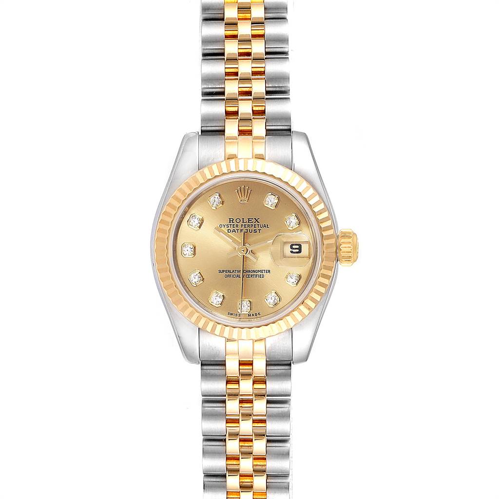 The image shows a Rolex Datejust 179173 Women's Steel and Gold (two tone) Champagne Dial 179173 Women's Steel and Gold (two tone) Champagne Dial watch with a gold bezel, champagne dial, diamond hour markers, and a two-tone Jubilee bracelet.