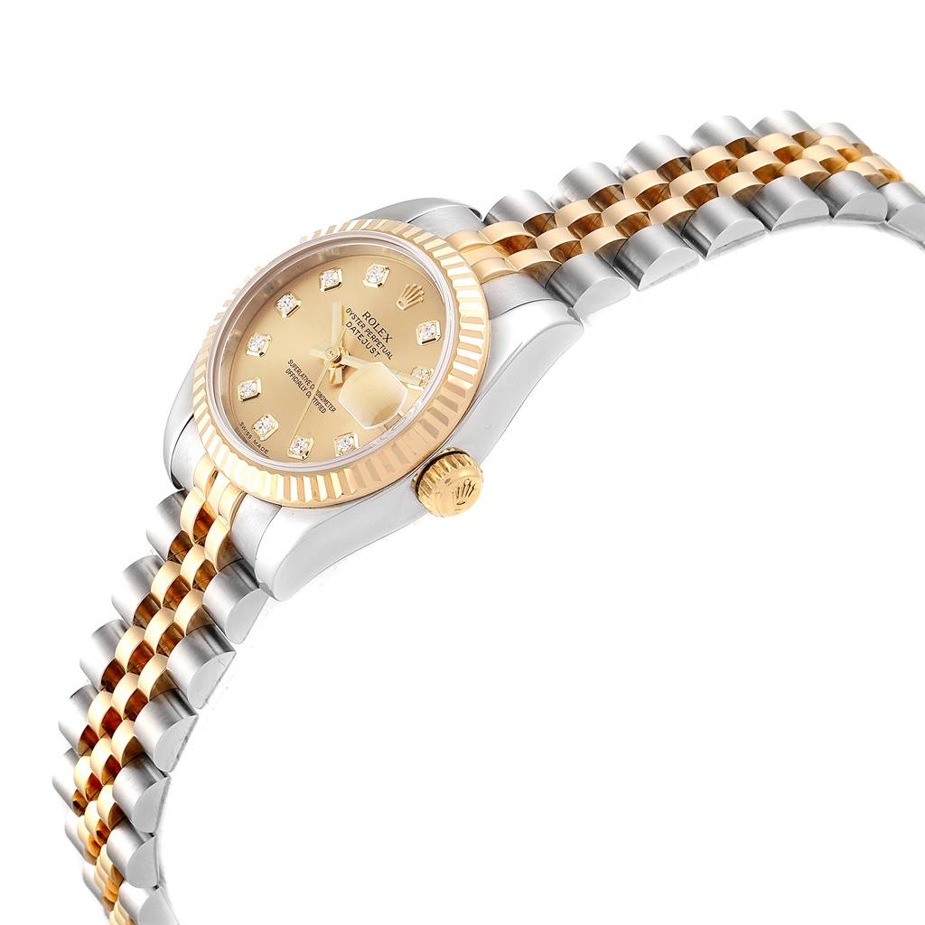This image shows a side view of a Rolex Datejust 179173 Women's Steel and Gold (two tone) Champagne Dial 179173 Women's Steel and Gold (two tone) Champagne Dial watch, highlighting its gold and silver jubilee bracelet and fluted bezel.