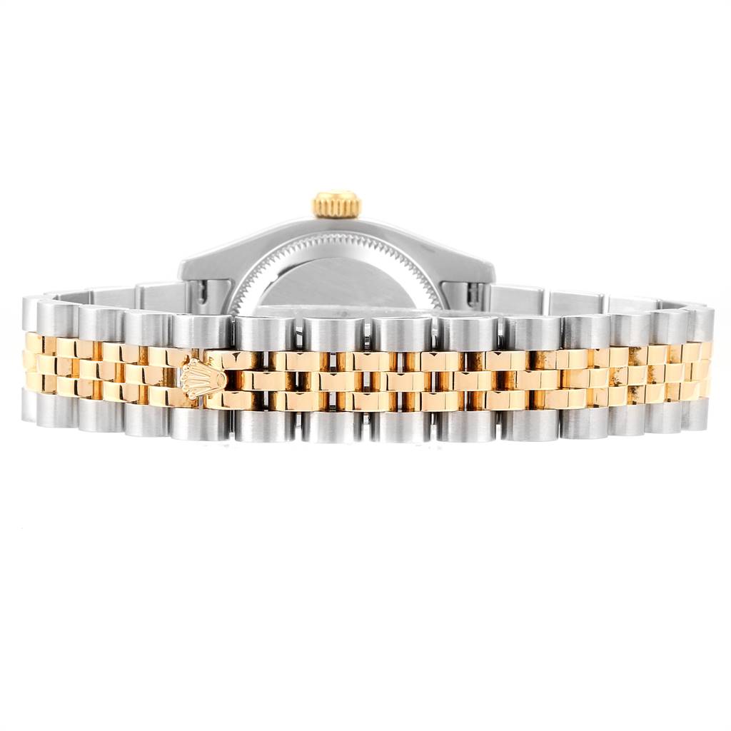 This image shows the back view of a Rolex Datejust 179173 Women's Steel and Gold (two tone) Champagne Dial 179173 Women's Steel and Gold (two tone) Champagne Dial watch, focusing on its two-tone bracelet and crown.