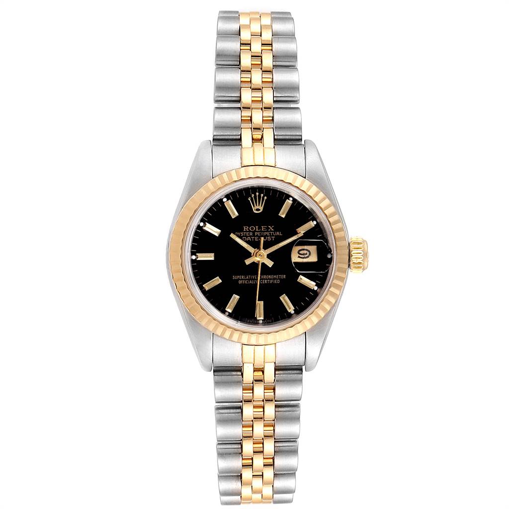 This image shows a front view of a Rolex Datejust 69173 Women's Stainless Steel Black Dial 69173 Women's Stainless Steel Black Dial watch featuring a two-tone bracelet and a black dial.
