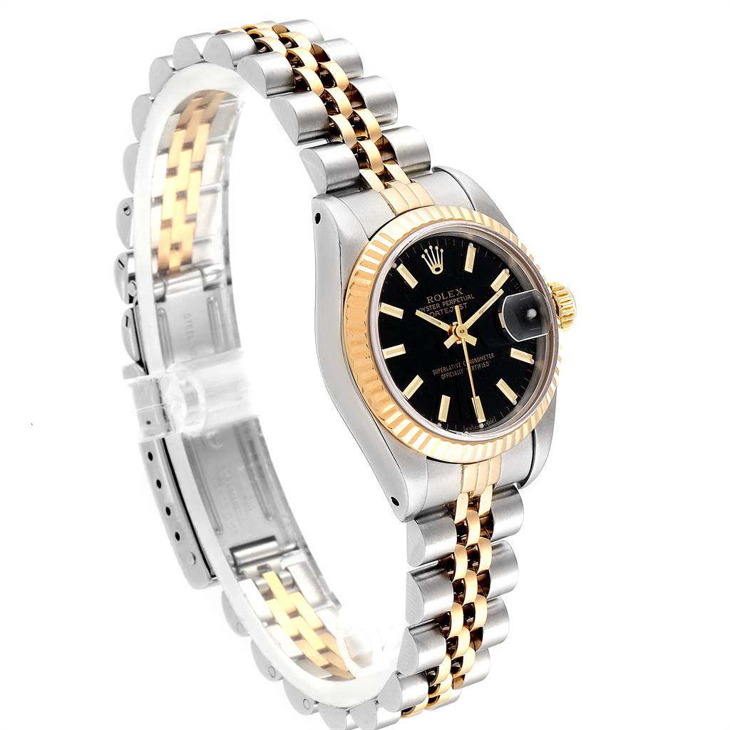 This Rolex Datejust 69173 Women's Stainless Steel Black Dial 69173 Women's Stainless Steel Black Dial watch is viewed at an angle showcasing its black dial, two-tone bezel, and Jubilee bracelet.
