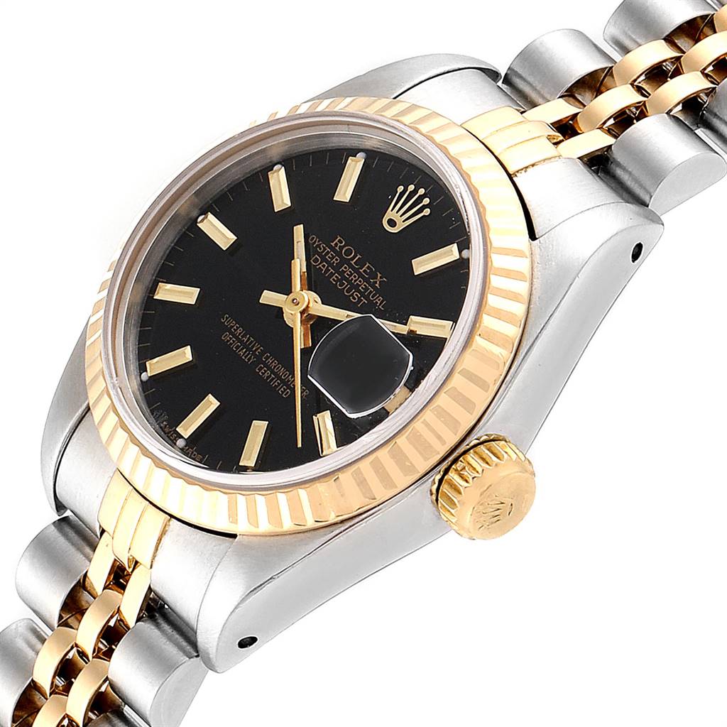 This image shows a close-up angled view of a Rolex Datejust 69173 Women's Stainless Steel Black Dial 69173 Women's Stainless Steel Black Dial watch, highlighting its dial, crown, bezel, and bracelet.