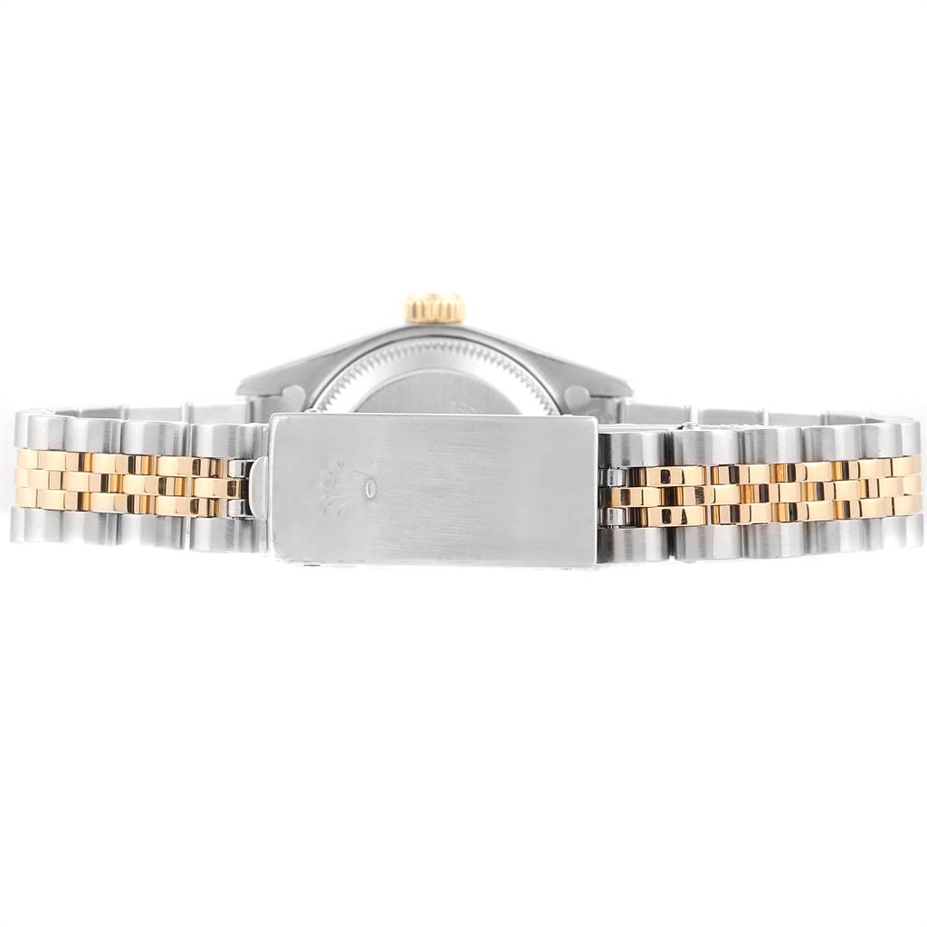 The image shows a rear view of a Rolex Datejust 69173 Women's Stainless Steel Black Dial 69173 Women's Stainless Steel Black Dial watch, including the bracelet and clasp.