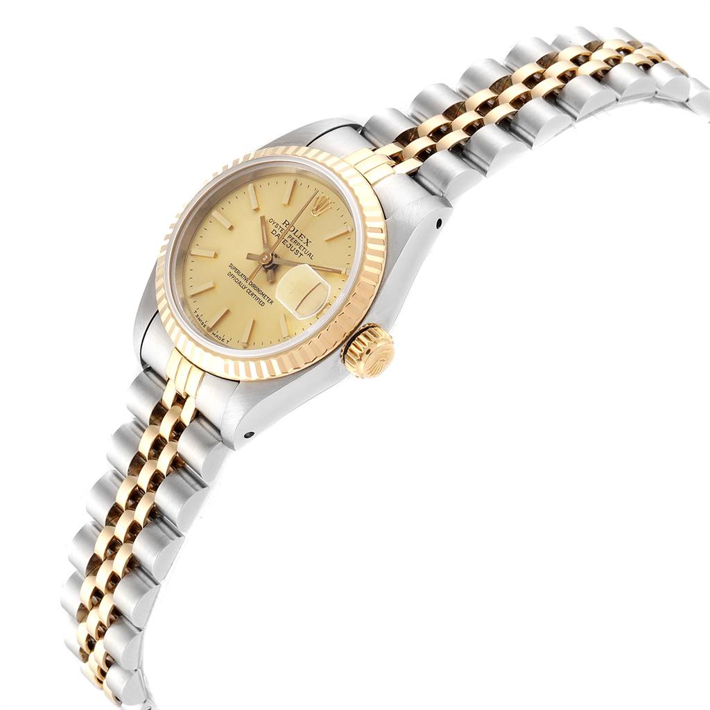 This image shows a side angle of a Rolex Datejust 69173 Women's Steel and Gold (two tone) Champagne Dial 69173 Women's Steel and Gold (two tone) Champagne Dial watch, highlighting the bezel, crown, and two-tone bracelet.