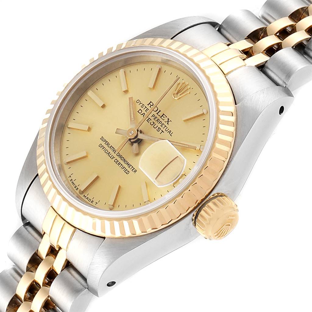 The image shows a close-up angle of a Rolex Datejust 69173 Women's Steel and Gold (two tone) Champagne Dial 69173 Women's Steel and Gold (two tone) Champagne Dial watch featuring part of the dial, case, bezel, and bracelet.