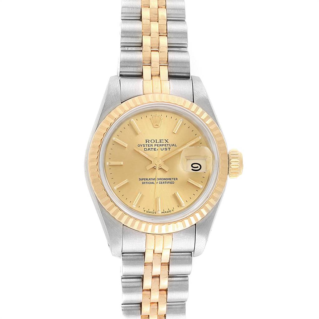 This image shows a frontal view of a Rolex Datejust 69173 Women's Steel and Gold (two tone) Champagne Dial 69173 Women's Steel and Gold (two tone) Champagne Dial watch, highlighting the dial, bezel, crown, and two-tone bracelet.
