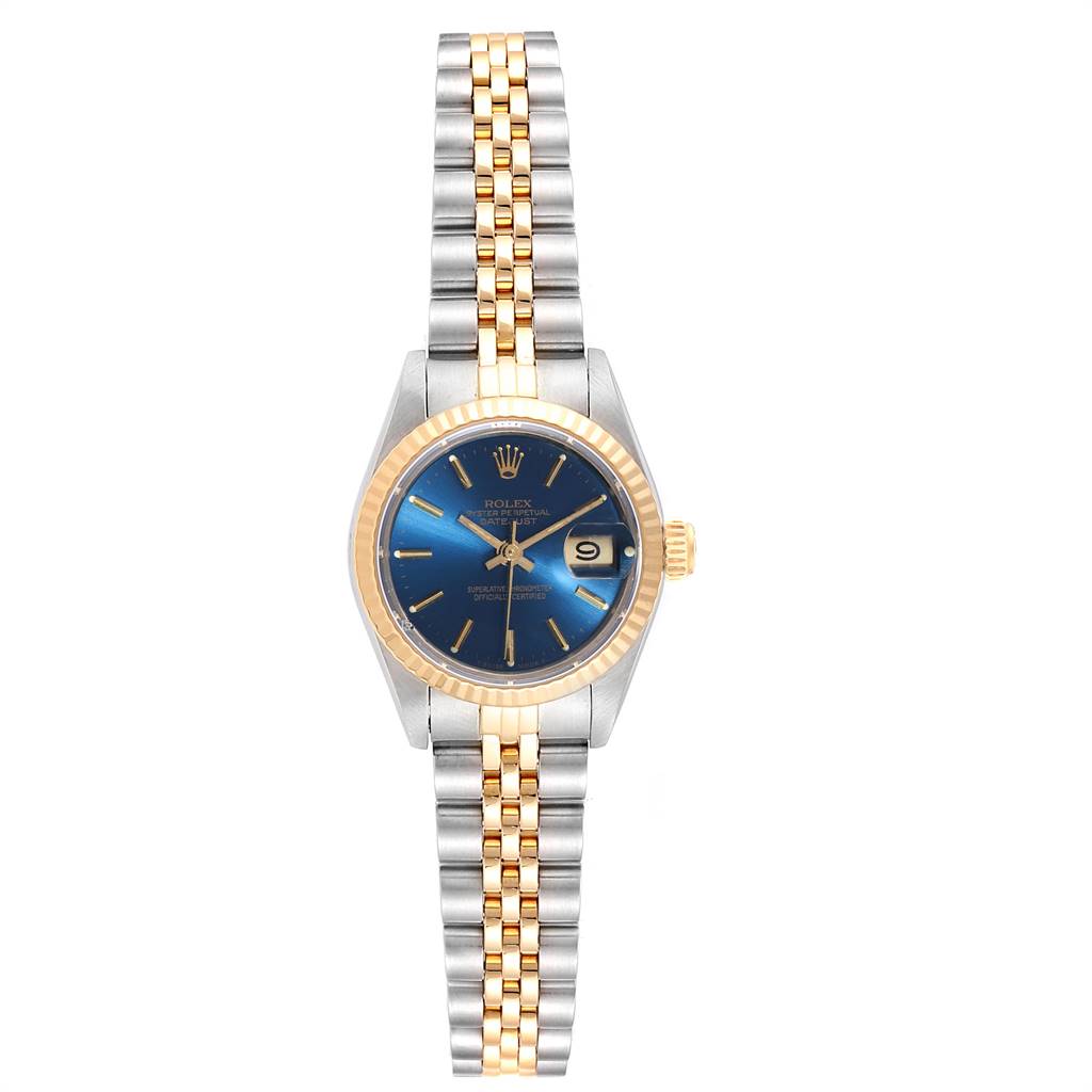 The image shows a Rolex Datejust 69173 Women's Stainless Steel Blue Dial 69173 Women's Stainless Steel Blue Dial watch from a front angle, highlighting its blue dial, gold fluted bezel, and two-tone bracelet.