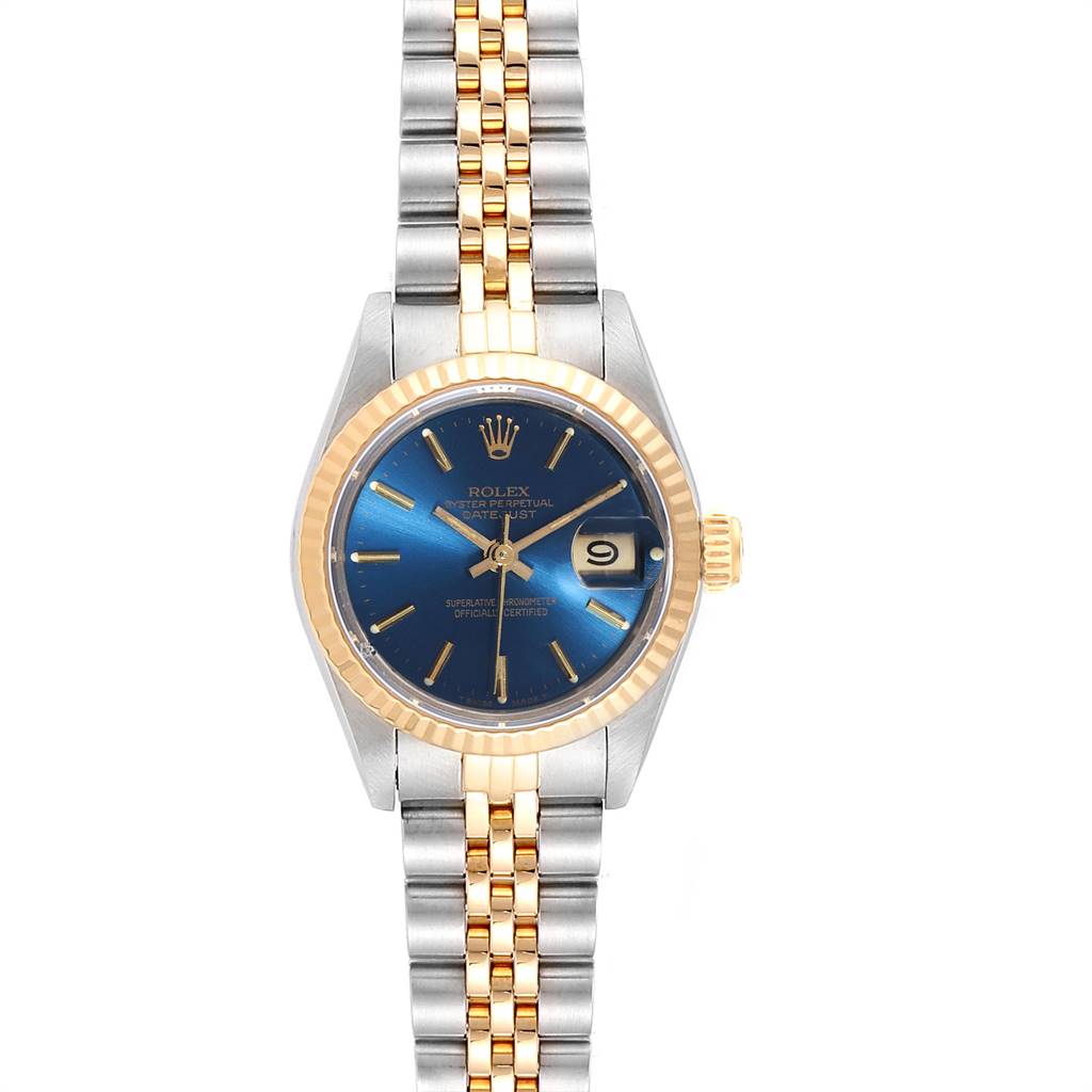 The image shows a front view of a Rolex Datejust 69173 Women's Stainless Steel Blue Dial 69173 Women's Stainless Steel Blue Dial watch, displaying the dial, hands, date window, and bracelet.