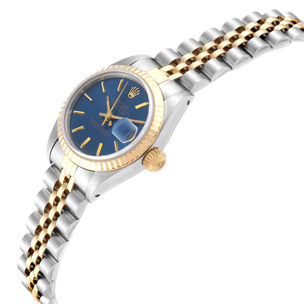 The Rolex Datejust 69173 Women's Stainless Steel Blue Dial 69173 Women's Stainless Steel Blue Dial watch is shown at an angle highlighting the face, crown, and part of the two-tone bracelet.