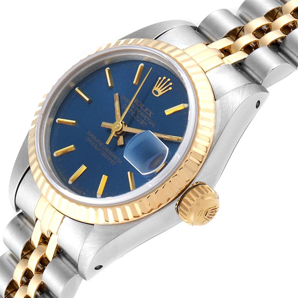 The image shows the Rolex Datejust 69173 Women's Stainless Steel Blue Dial 69173 Women's Stainless Steel Blue Dial watch at an angle highlighting its dial, crown, bezel, and part of the bracelet.