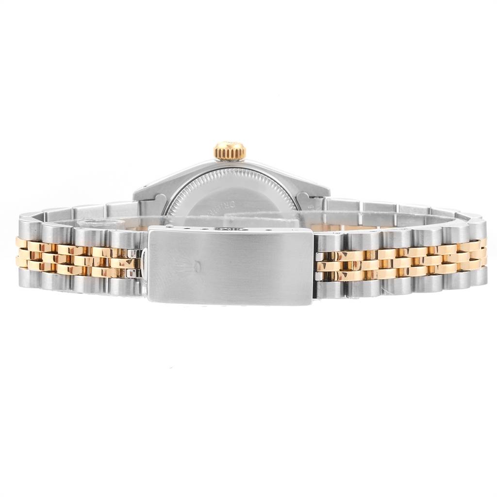 The image shows the back view of a Rolex Datejust 69173 Women's Stainless Steel Blue Dial 69173 Women's Stainless Steel Blue Dial watch highlighting its two-tone Jubilee bracelet and closed clasp.